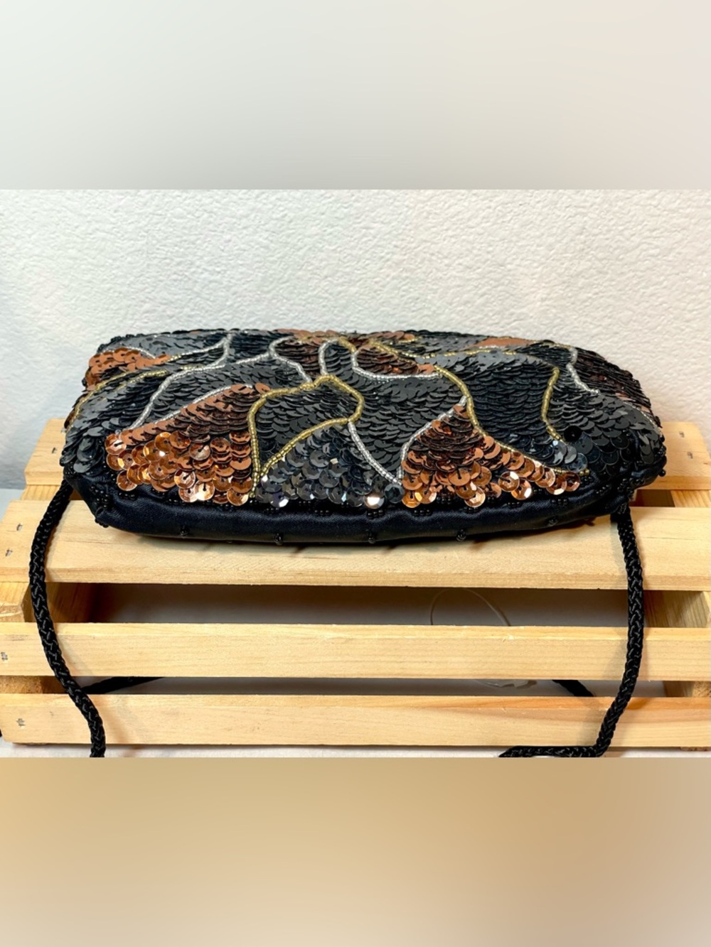 Black Silver Copper Sequin Evening Clutch Handbag | 19” Strap | Like New - Picture 11 of 13